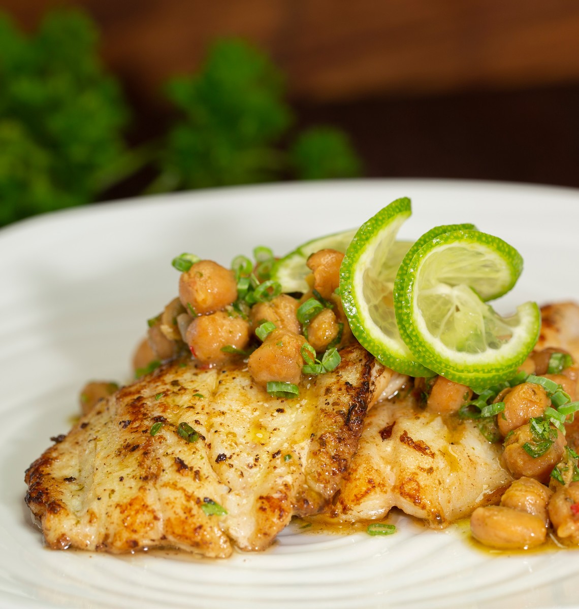 PAN FRIED LIONFISH WITH BITTERS SPICED CHICKPEAS